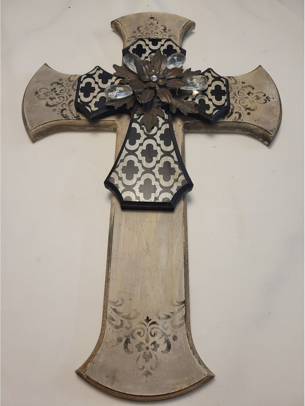 Decorative Vintage Style Wall Cross with Floral and Crystal Accents 24.5"x16.5"